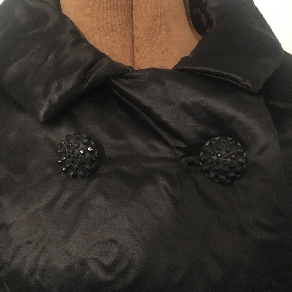 VTG Black Satin Rosette Coat w/ Peter Pan Collar